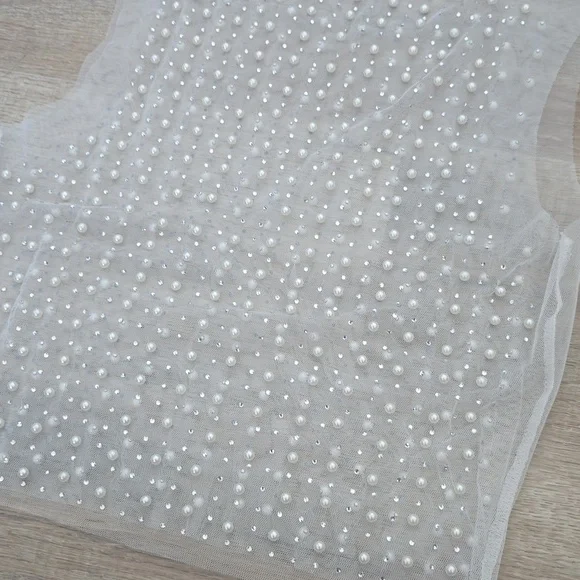 Sheer Mesh White Pearl + Silver Rhinestone Crop Tank Top - Picture 3 of 3